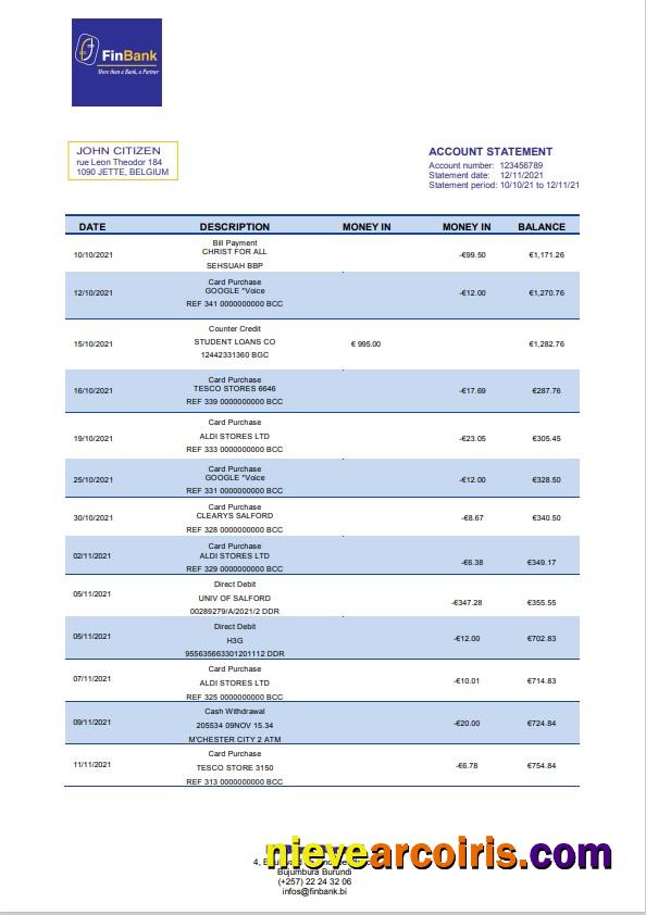 Burundi Finbank statement, Word and PDF format